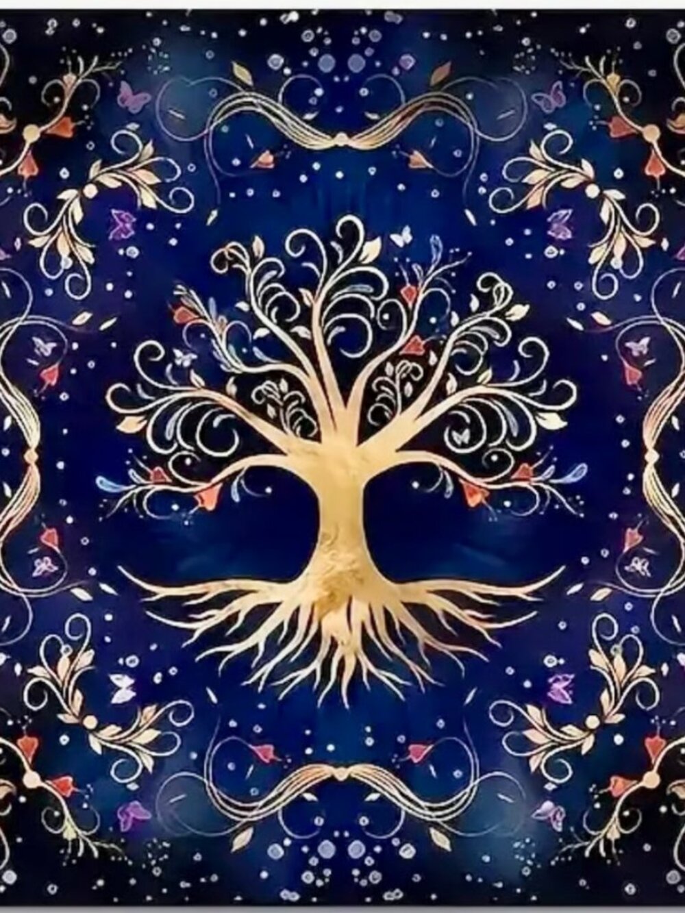 Alter Tarot Cloth Tree of Life with Foliage leaves on Bright Blue background